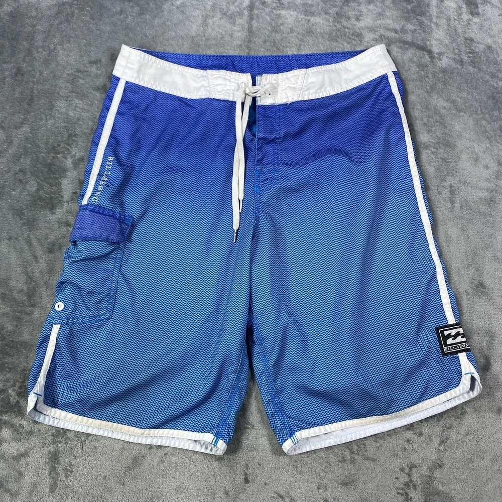 Billabong Boardshorts Mens 34 Blue Geometric Swim Trunks Beach Ombre Drawstring